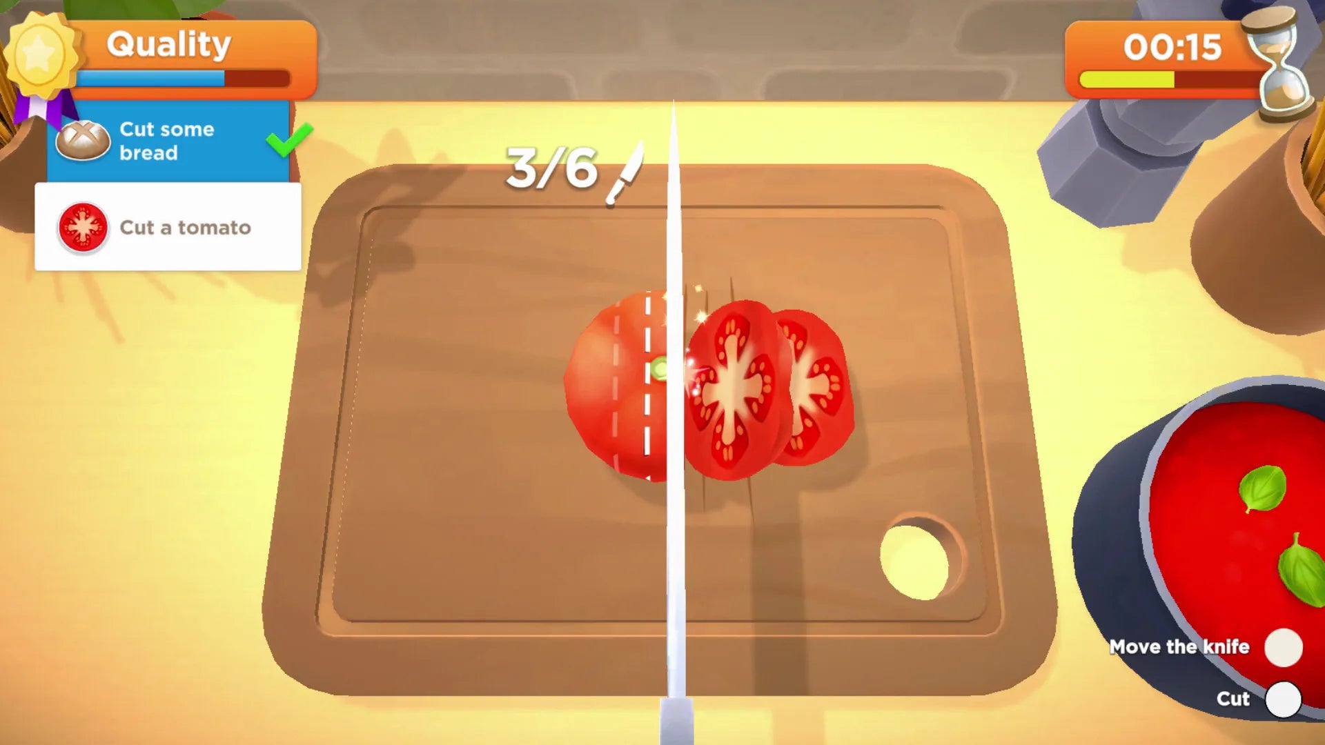 Game interface with a cutting board, tomatoes, and a knife on a wooden surface.