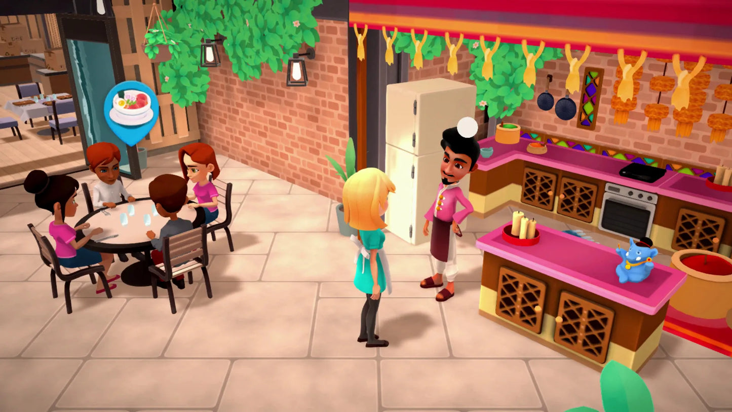 Animated scene of a restaurant with customers and staff