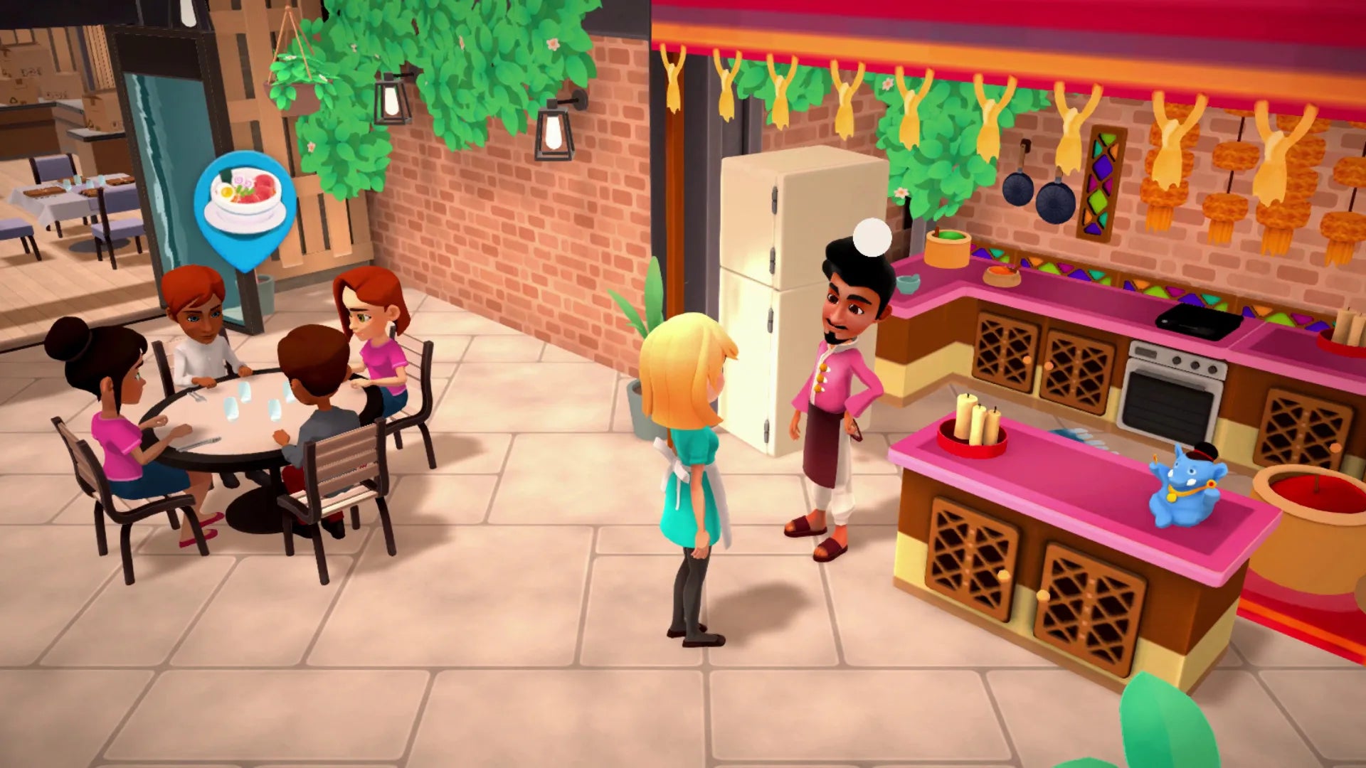 Animated scene of a restaurant with customers and staff