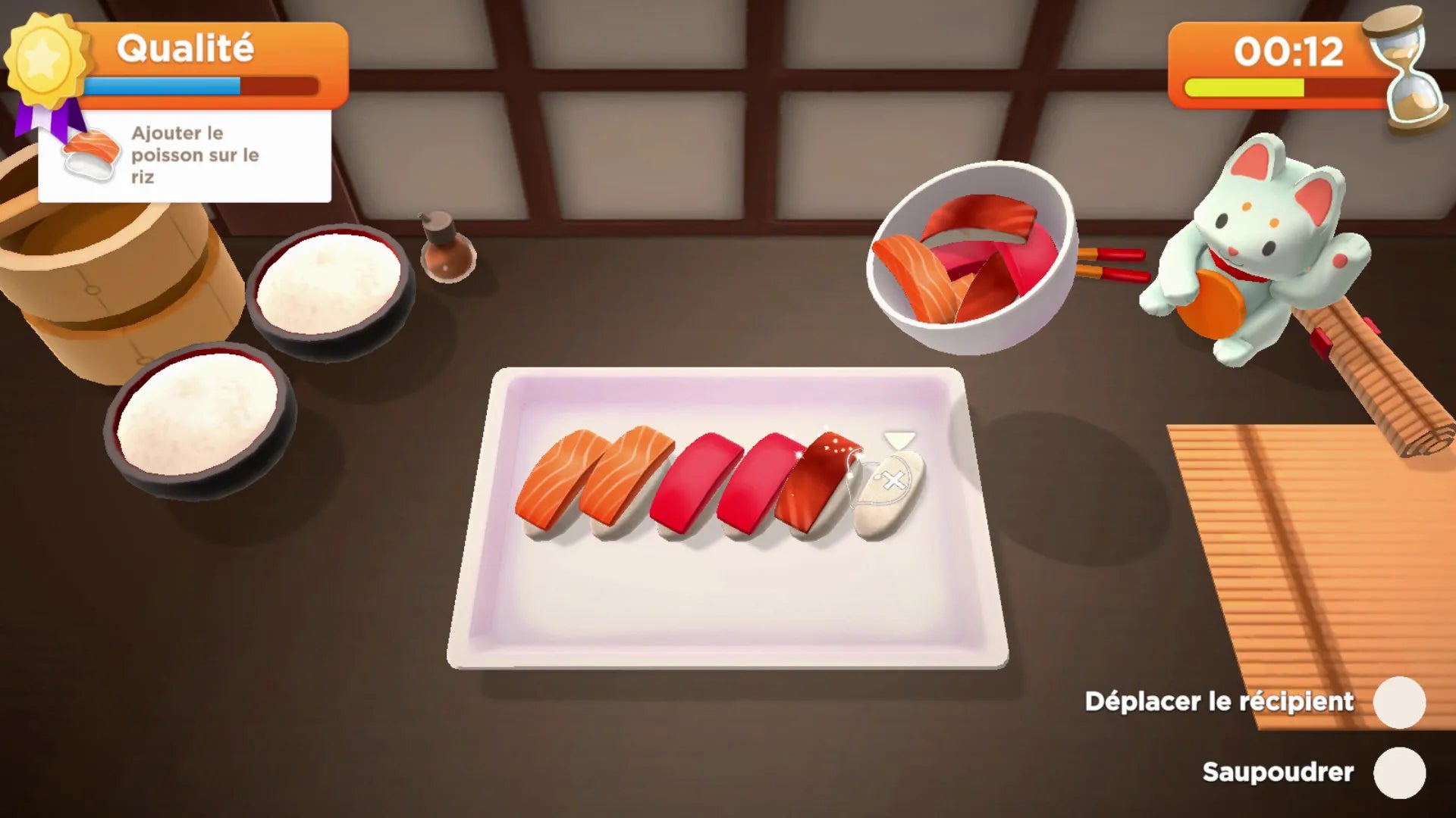 Sushi-making game interface with sushi plates and ingredients on a wooden table.