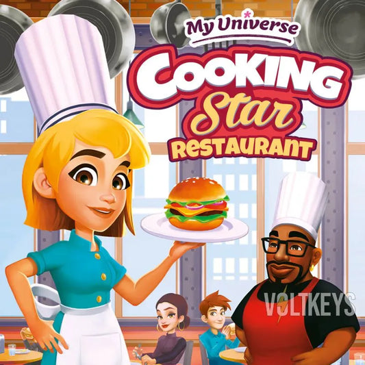 Cover of 'My Universe Cooking Star Restaurant' game with a chef and a burger.