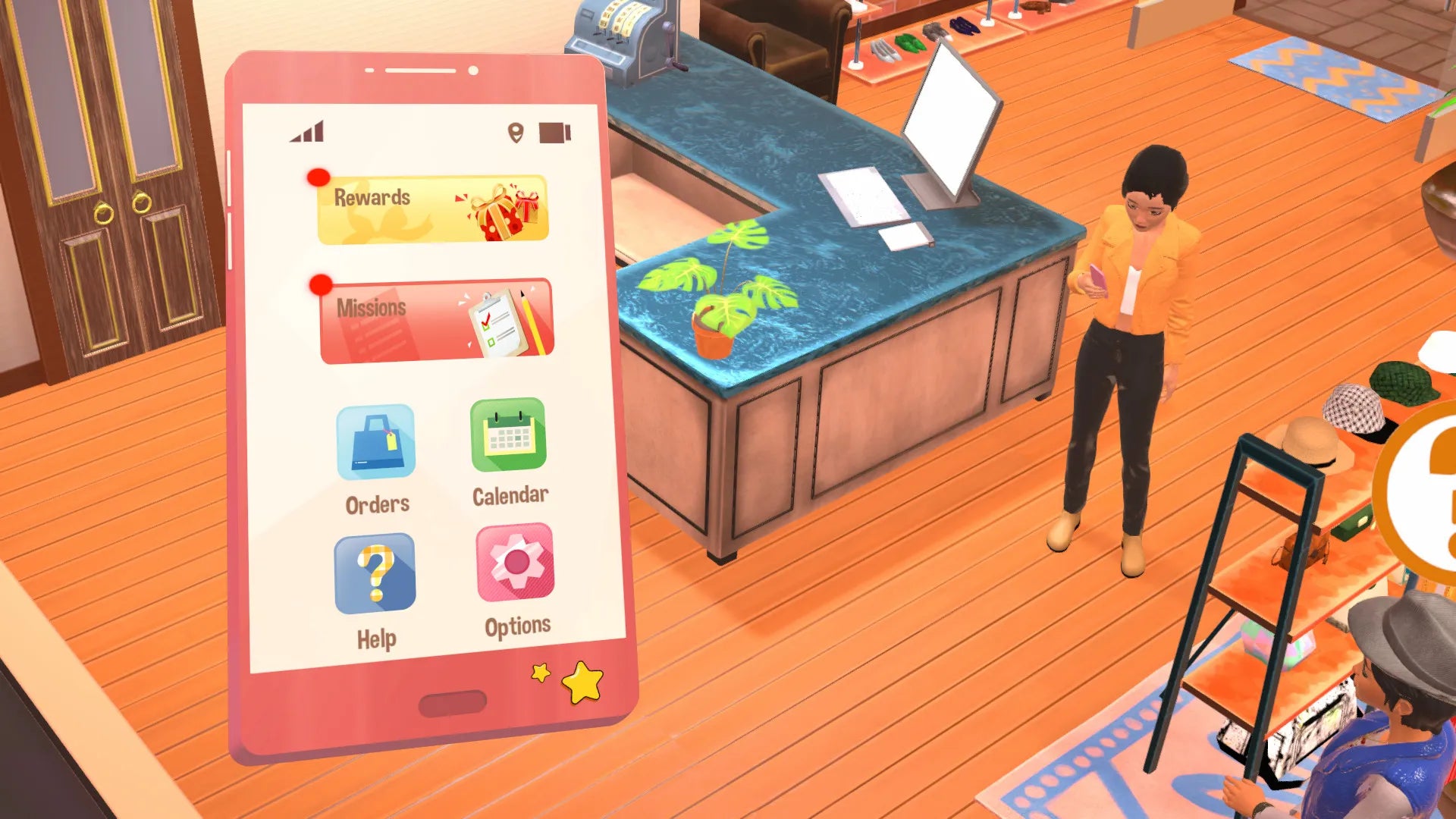 Simulated kitchen scene with a character and smartphone interface