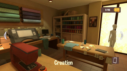 Virtual room with a desk, computer, and shelves in a home office setting.
