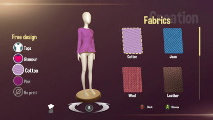 Mannequin with a purple top and fabric selection options on a dark background