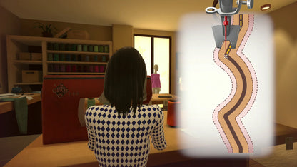 Person in a checkered shirt standing in a room with a sewing machine and fabric.