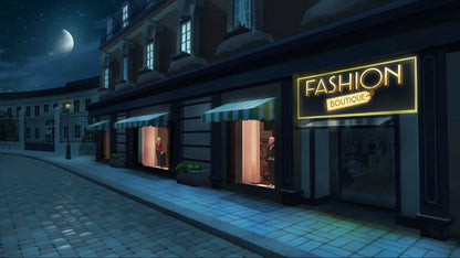 Fashion boutique at night with illuminated sign and store windows.