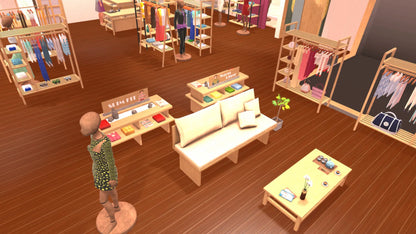 3D-rendered interior of a store with furniture and clothing racks.