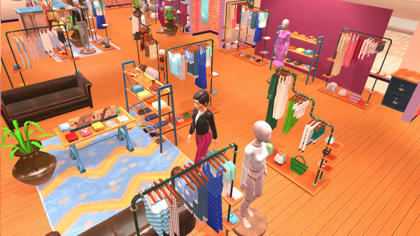 Virtual store simulation with mannequins and clothing racks in a colorful interior.