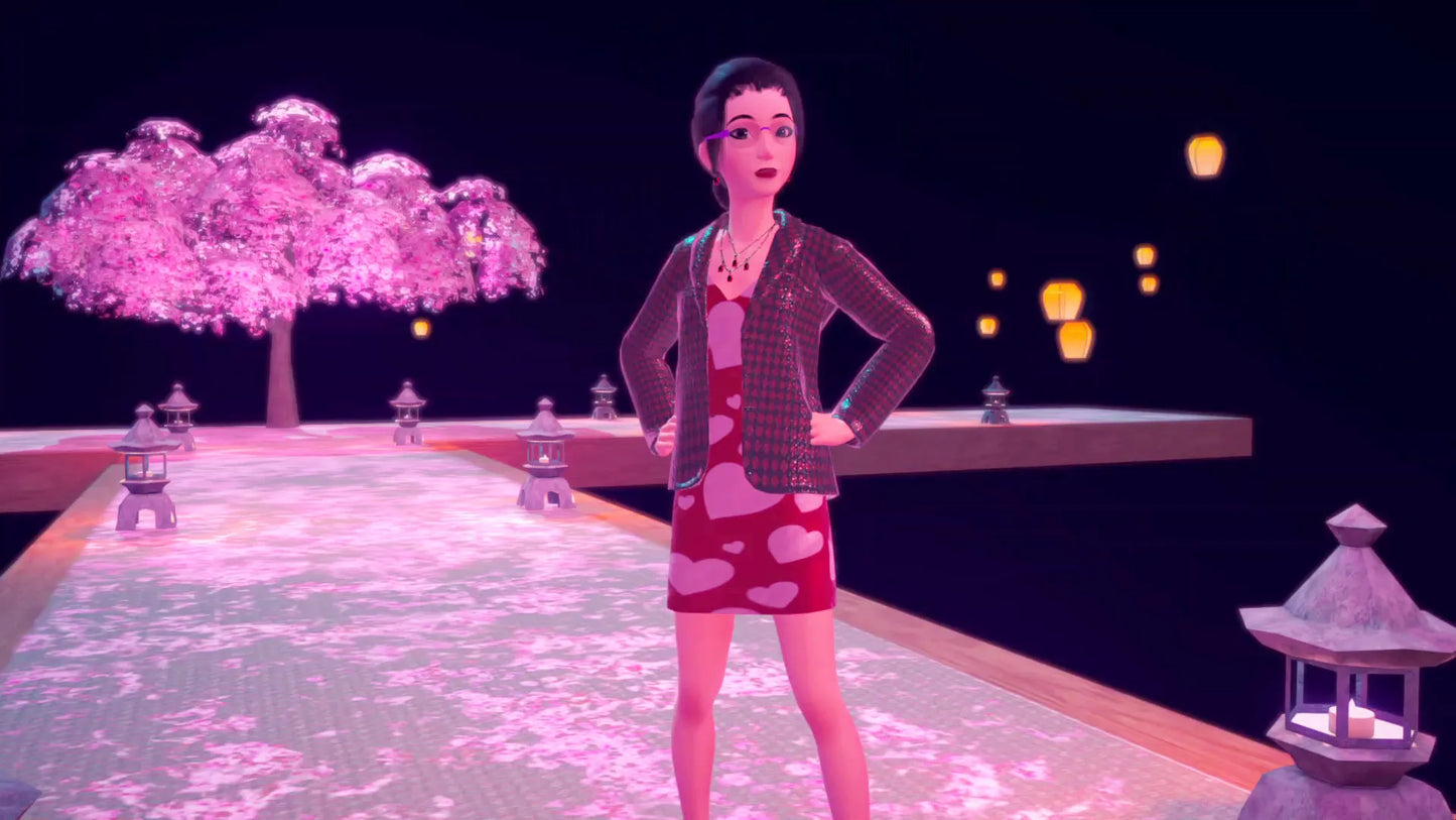 Animated character standing on a platform with a pink tree and lanterns in the background