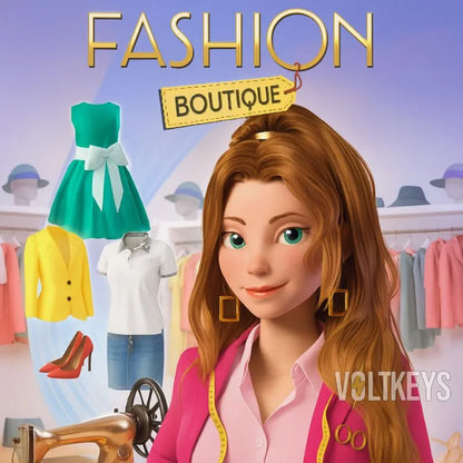 Character from a fashion-themed game with clothing items and sewing tools in the background