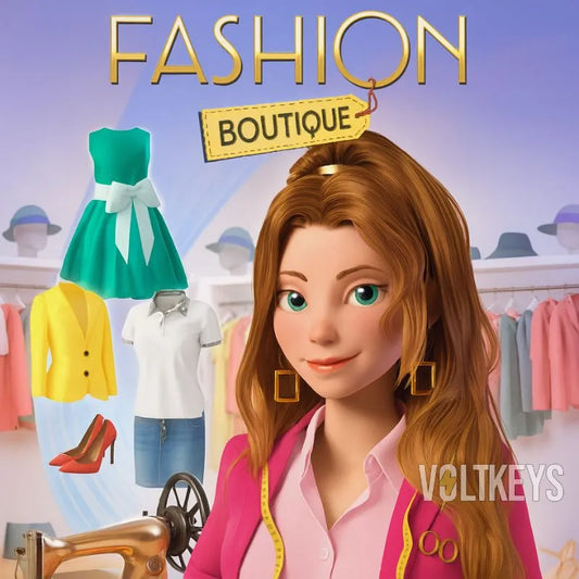 Character from a fashion-themed game with clothing items and sewing tools in the background