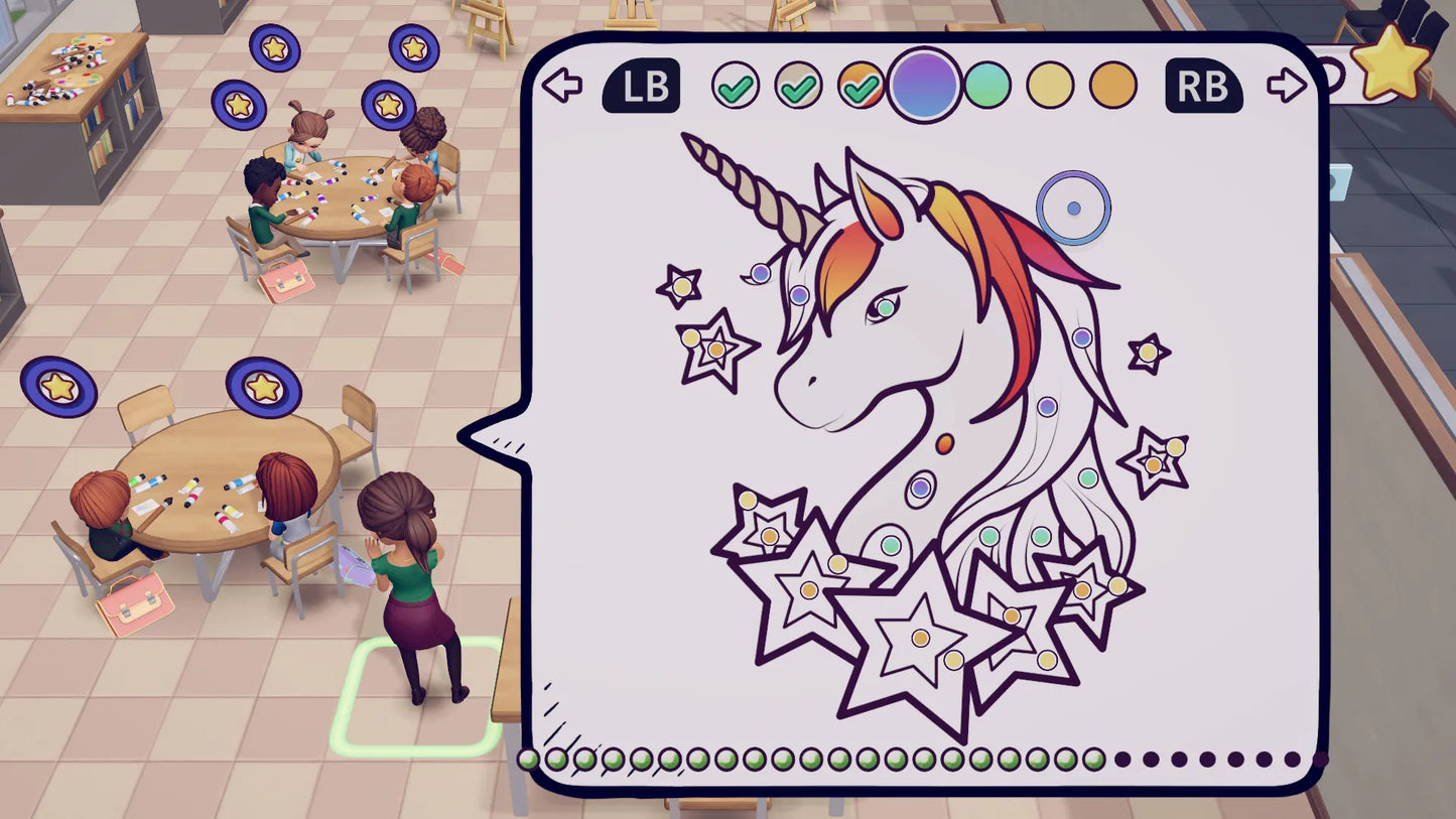 Coloring book app with a unicorn design on a classroom background