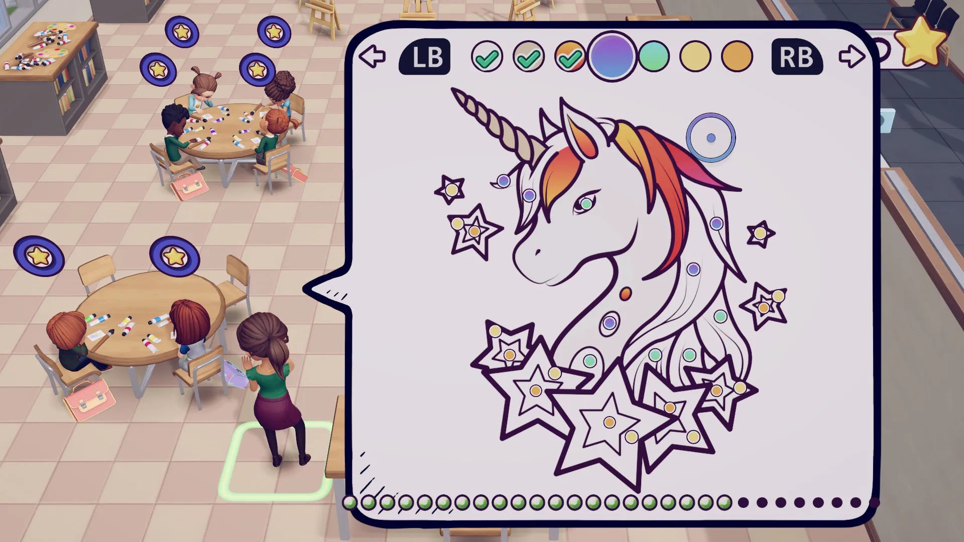 Coloring book app with a unicorn design on a classroom background