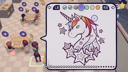 Coloring book app with a unicorn design on a classroom background