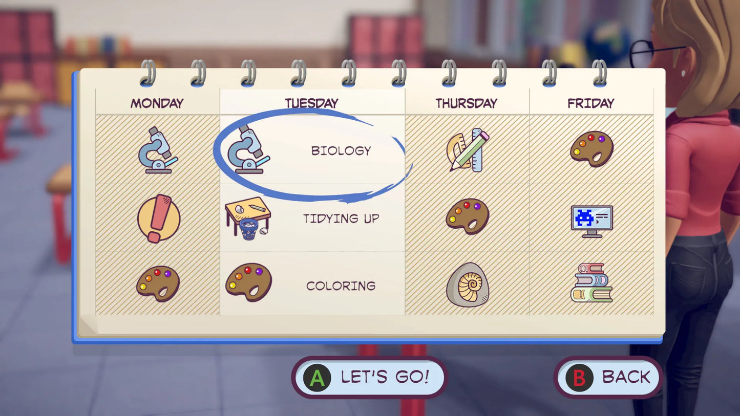 Calendar with daily activities for Monday to Friday, including Biology, Tidying Up, Coloring, and more, in a classroom setting.