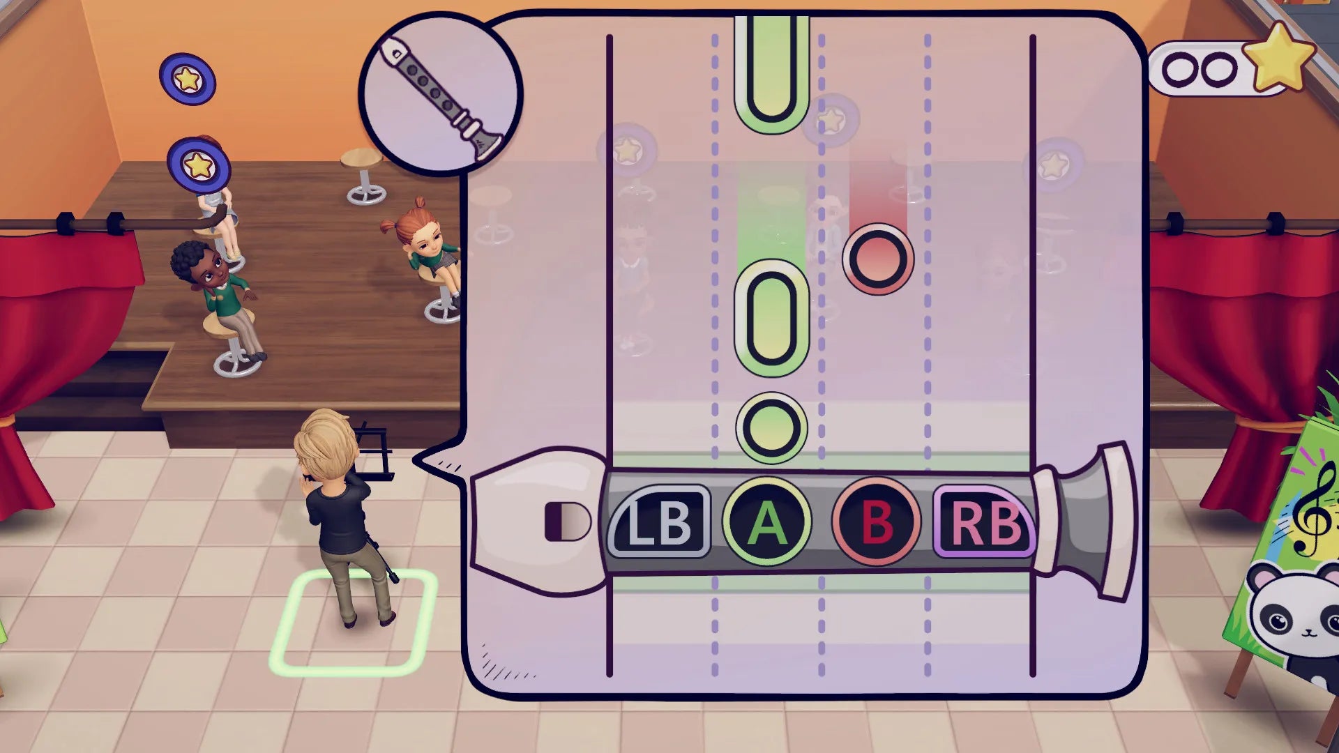 Video game interface with character controls and a room setting