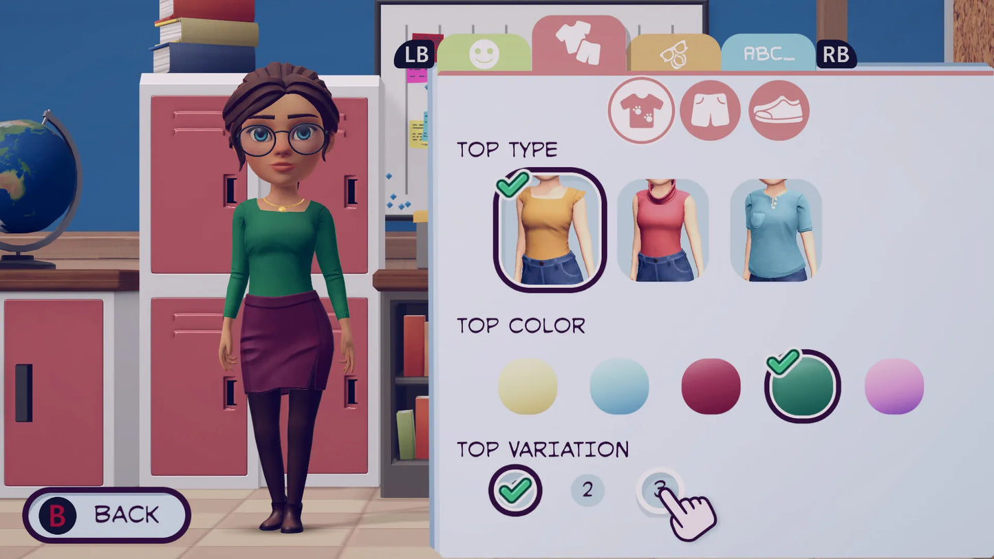 Character customization screen with clothing options in a virtual classroom setting