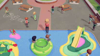 Children playing on a playground with colorful equipment and benches.