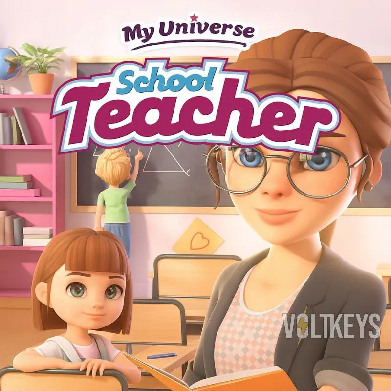 Cartoon teacher and student in a classroom with 'My Universe School Teacher' text.