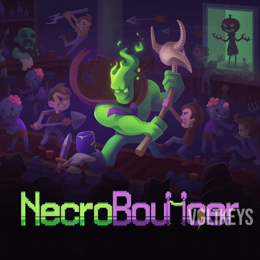 Animated character with green skin and a weapon in a dark room with other characters.