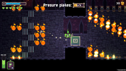 Pixelated game screen with characters and obstacles in a dark dungeon-like setting