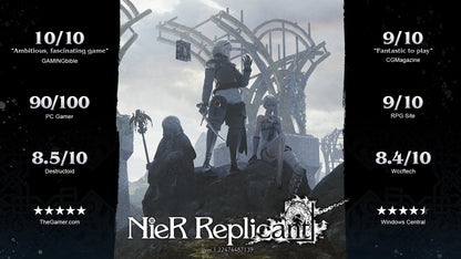 Silhouette of characters from 'NieR Replicant' with game reviews on a dark background
