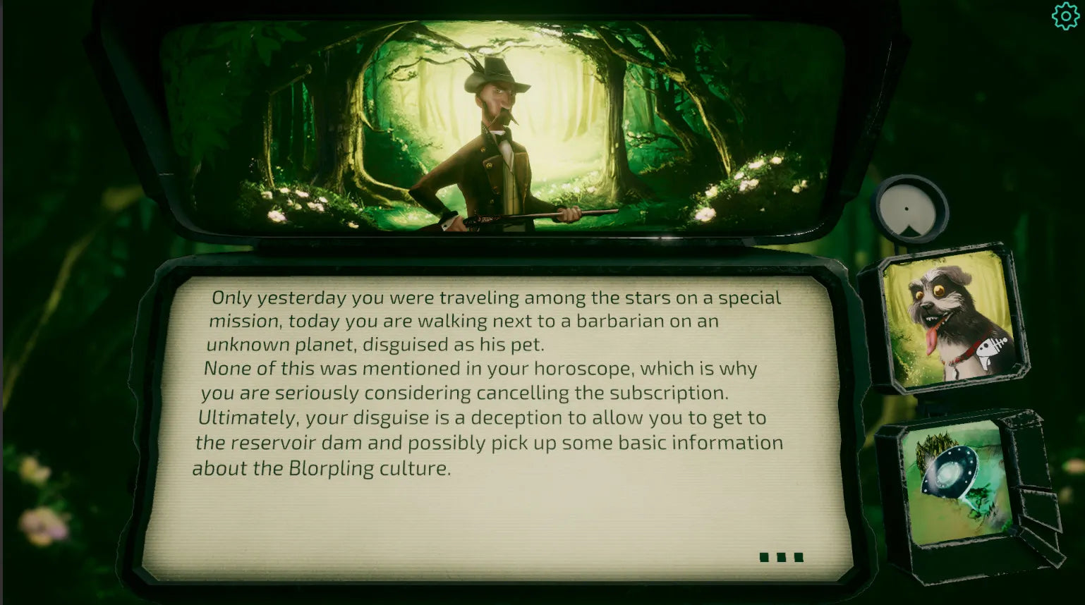 Game interface with character in a forest and text box