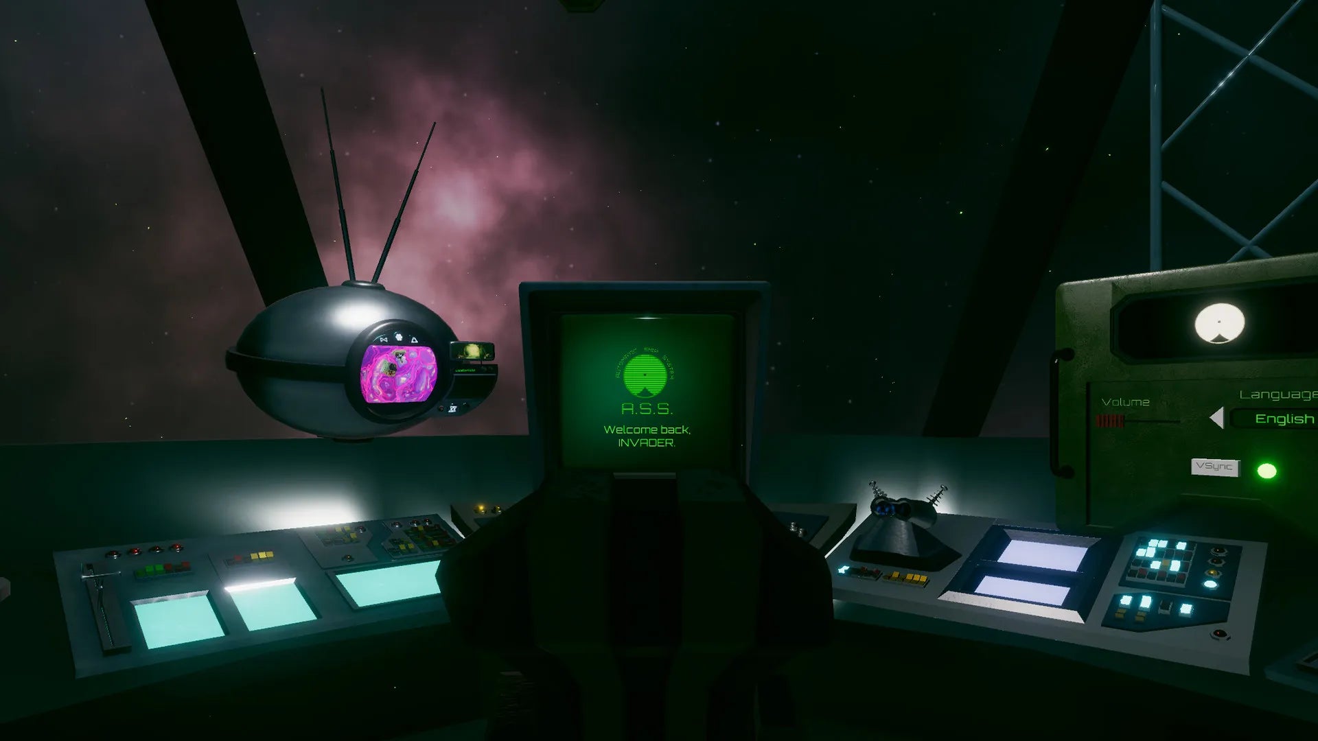 Control panel with a screen displaying a green icon and text, against a dark space-themed background.
