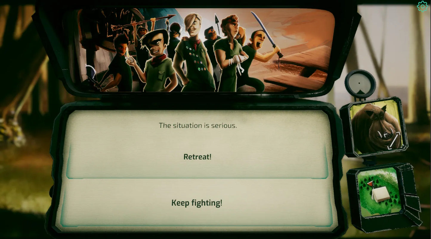 Game console with a screen displaying a character selection screen and options for 'Retreat' and 'Keep fighting'.