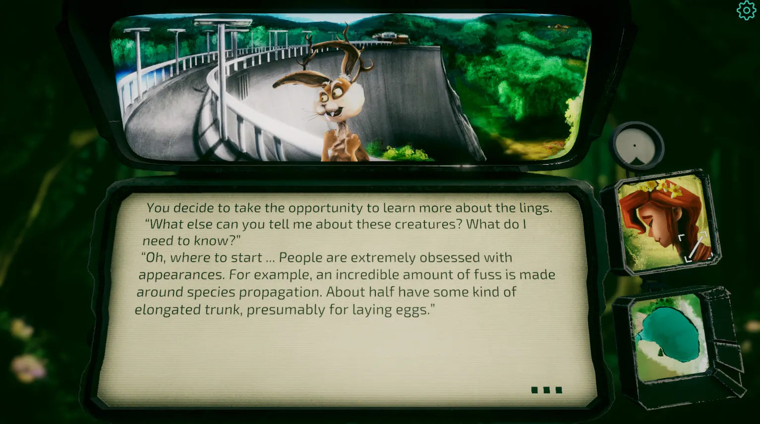 Game interface with character dialogue and visual elements on a screen