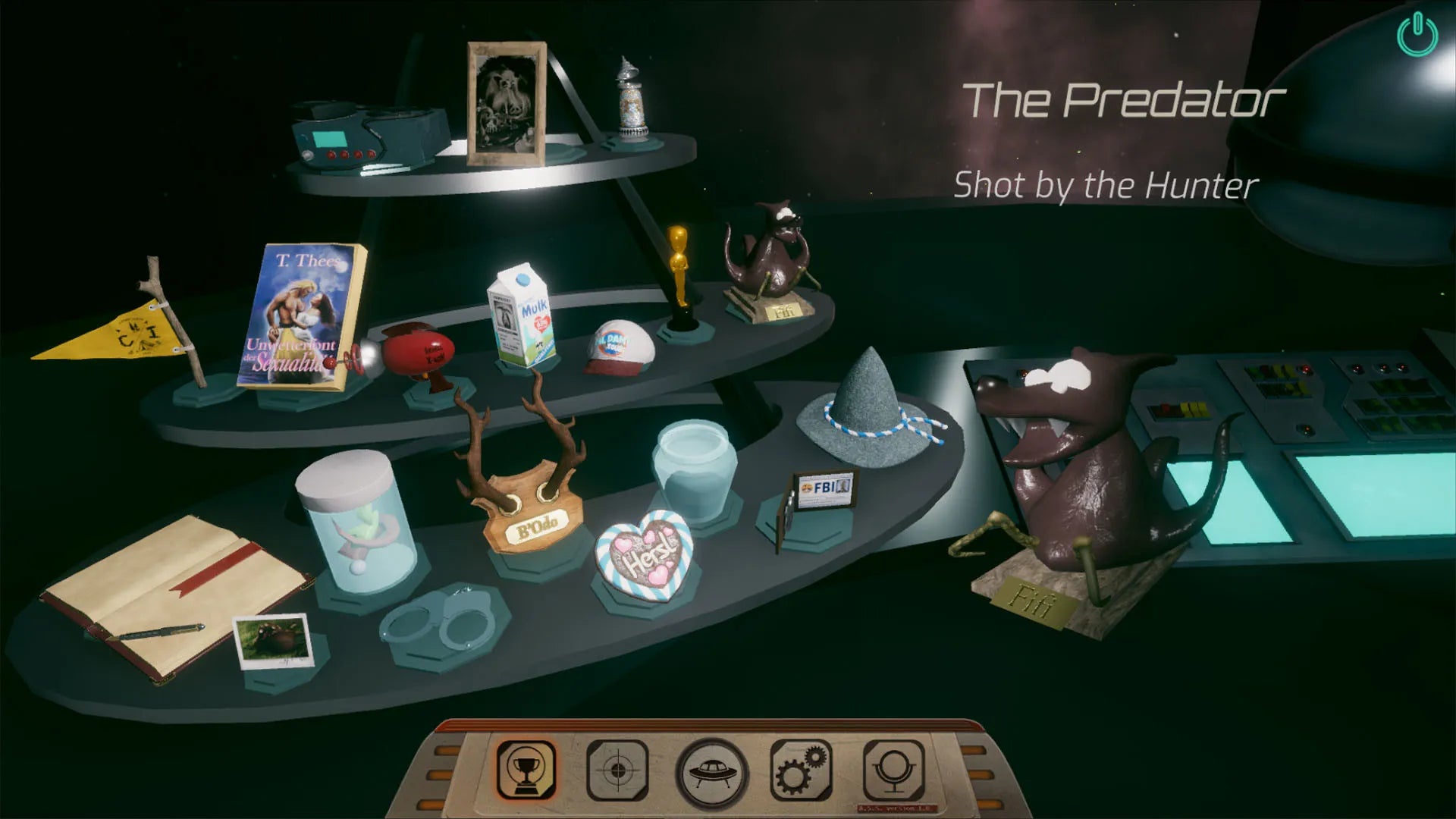 Tabletop game setup with various miniatures and accessories on a dark surface.