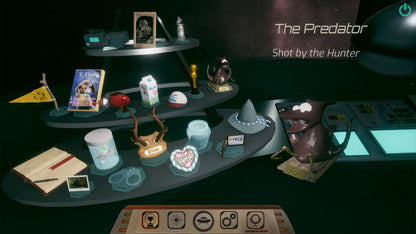 Tabletop game setup with various miniatures and accessories on a dark surface.