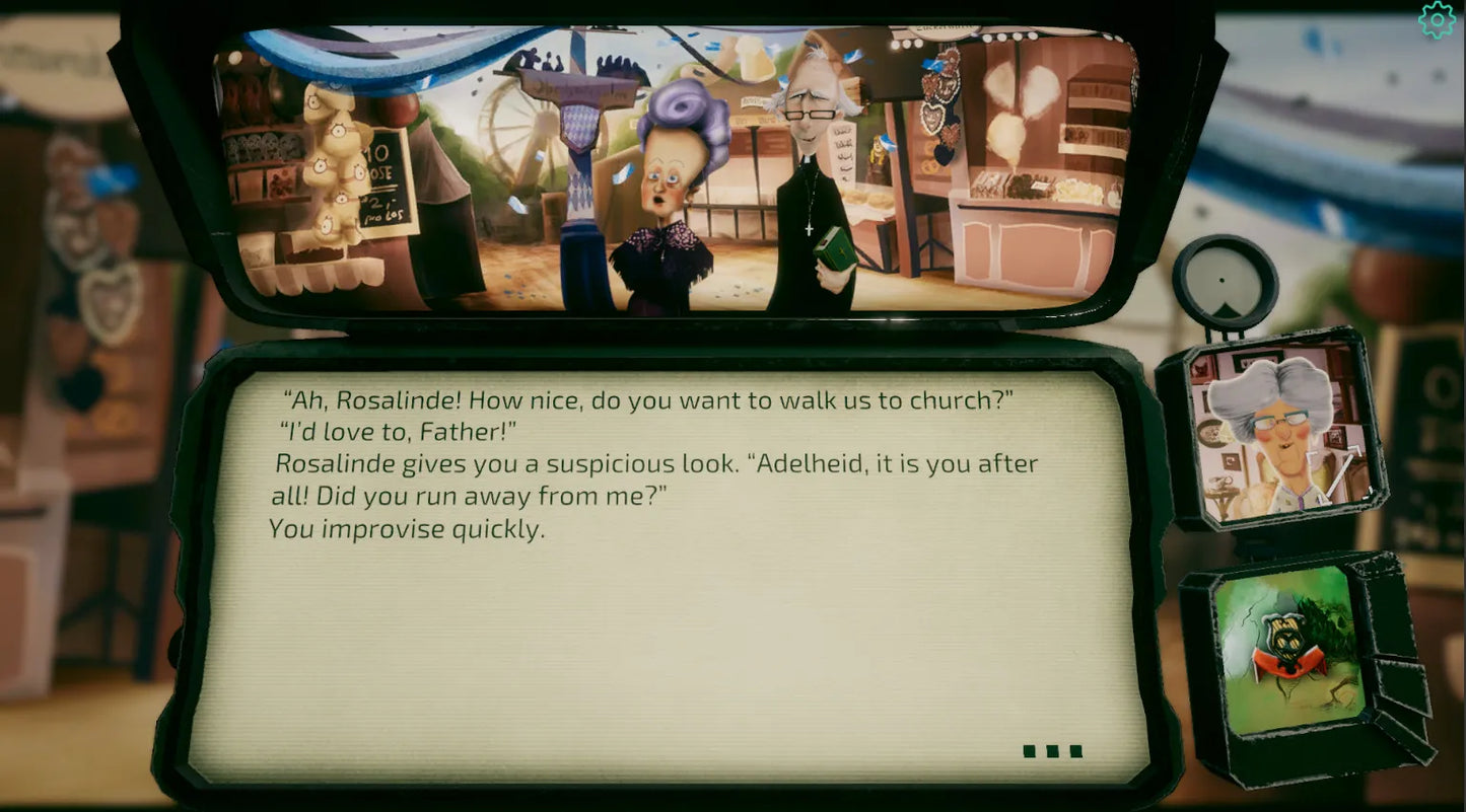 Close-up of a video game interface with character dialogue and game cards.