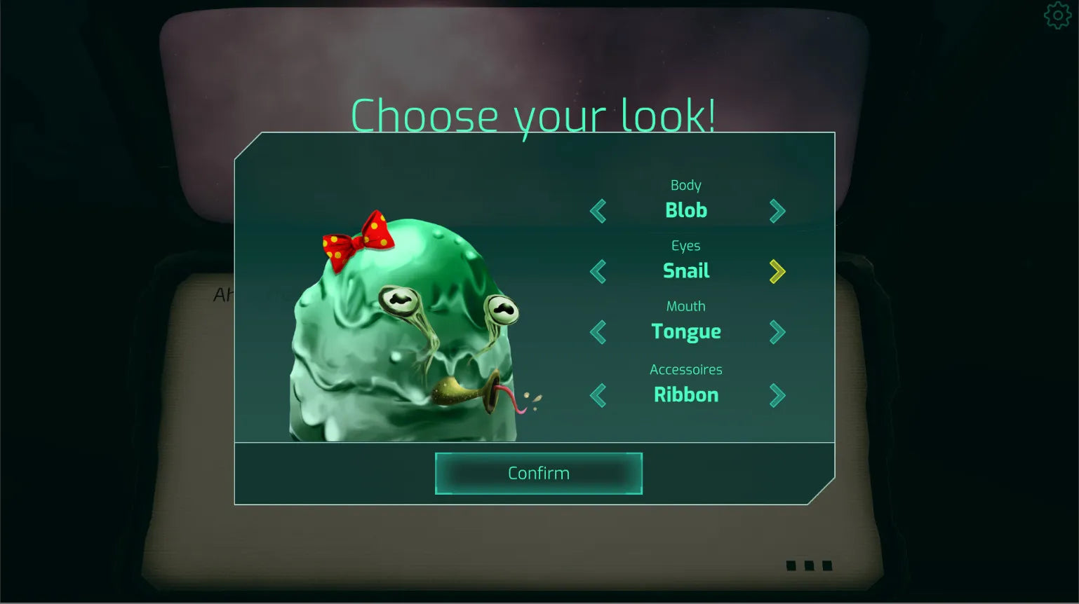 Game interface for character customization with a green blob-like creature and options to choose appearance features.