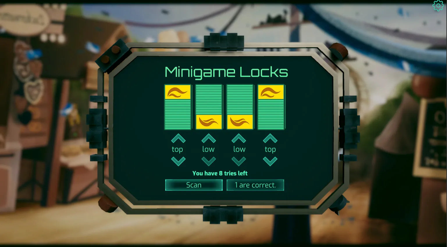 Minigame lock interface on a screen with a blurred background