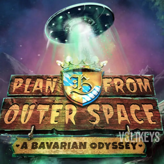 Wooden sign with a shield logo and text 'Plan from Outer Space: A Bavarian Odyssey' against a space-themed background.