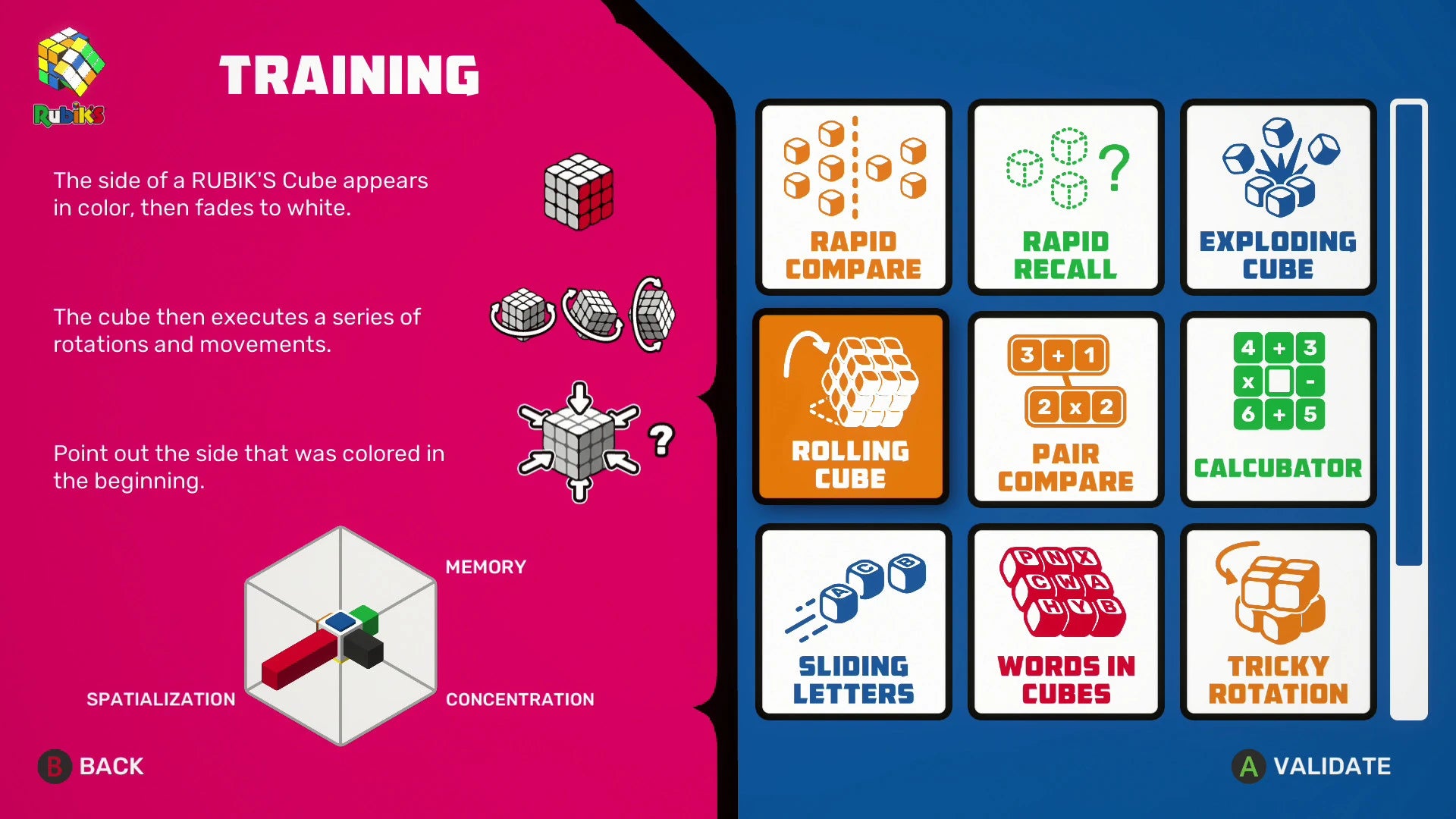 Educational game interface with Rubik's Cube-themed training exercises on a pink and blue background.