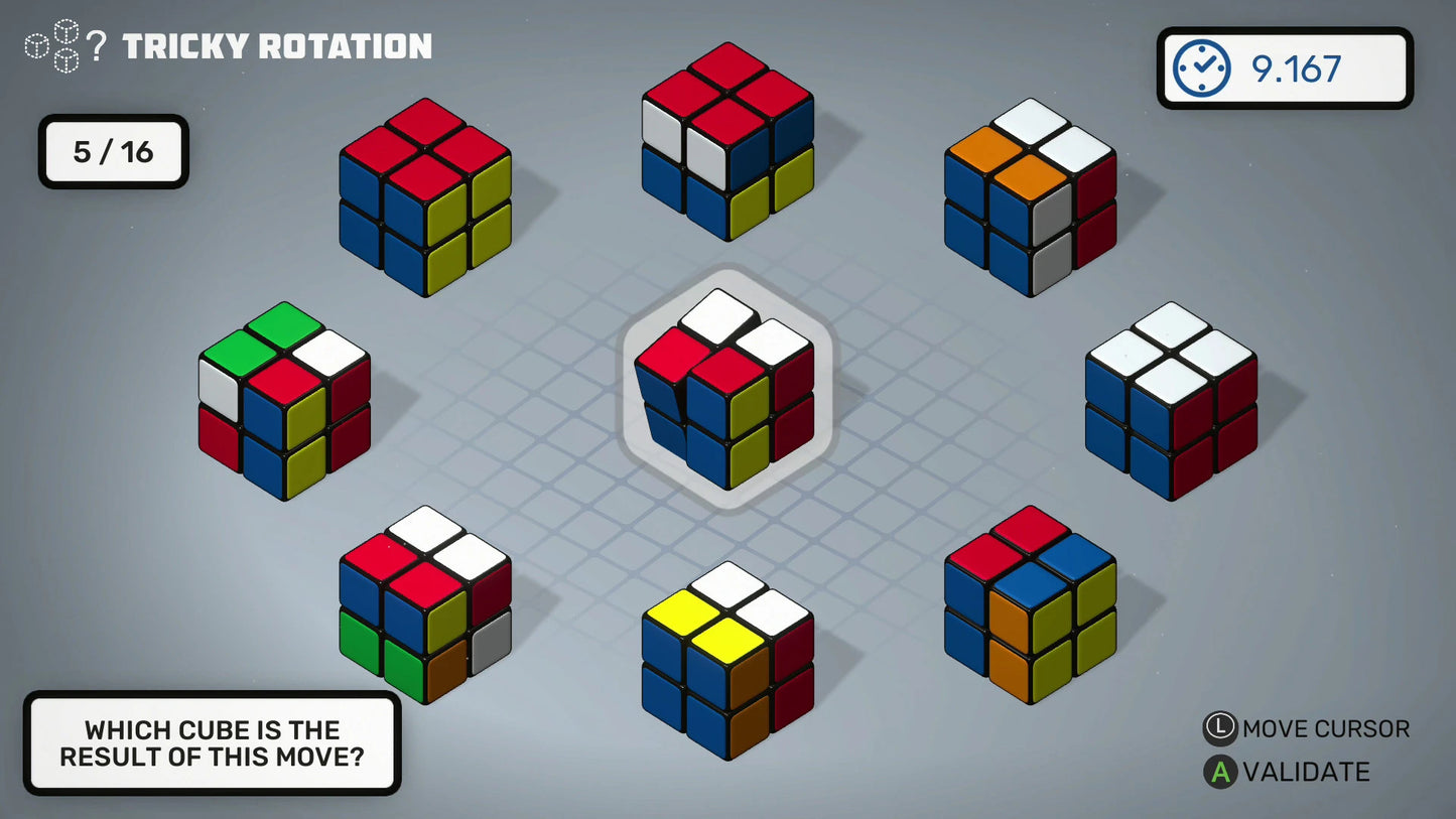 Rubik's Cube puzzle game interface with various cube positions on a gray background