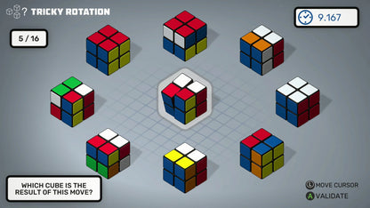 Rubik's Cube puzzle game interface with various cube positions on a gray background