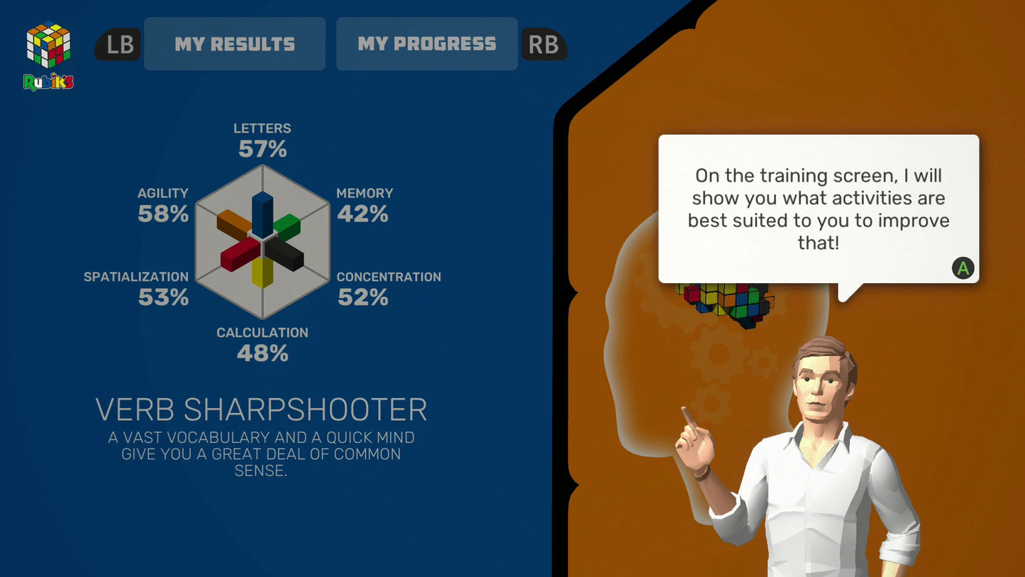 Game interface showing a character and educational metrics on a blue and brown background