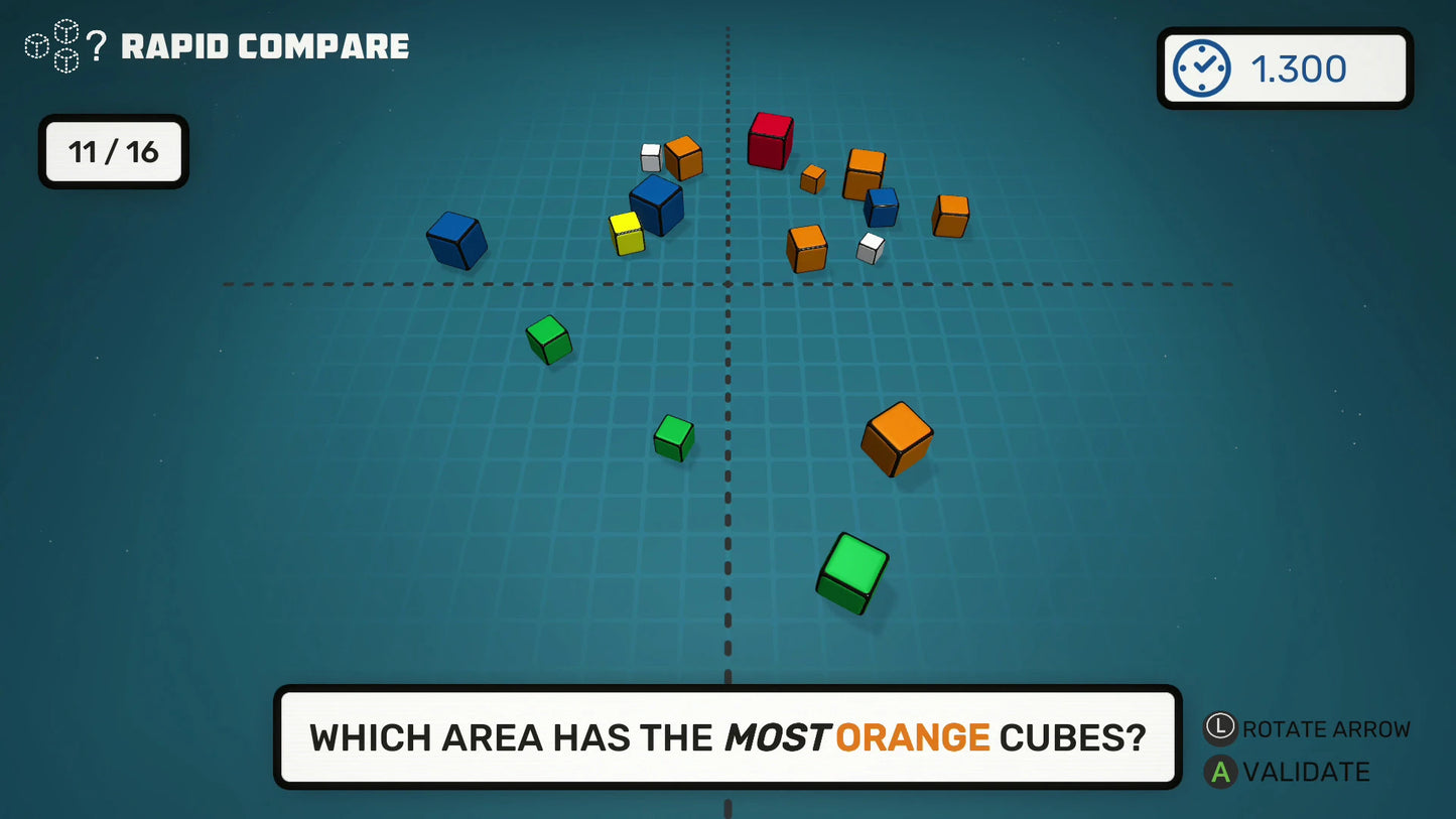 Game interface showing colored cubes on a grid with a question about orange cubes.