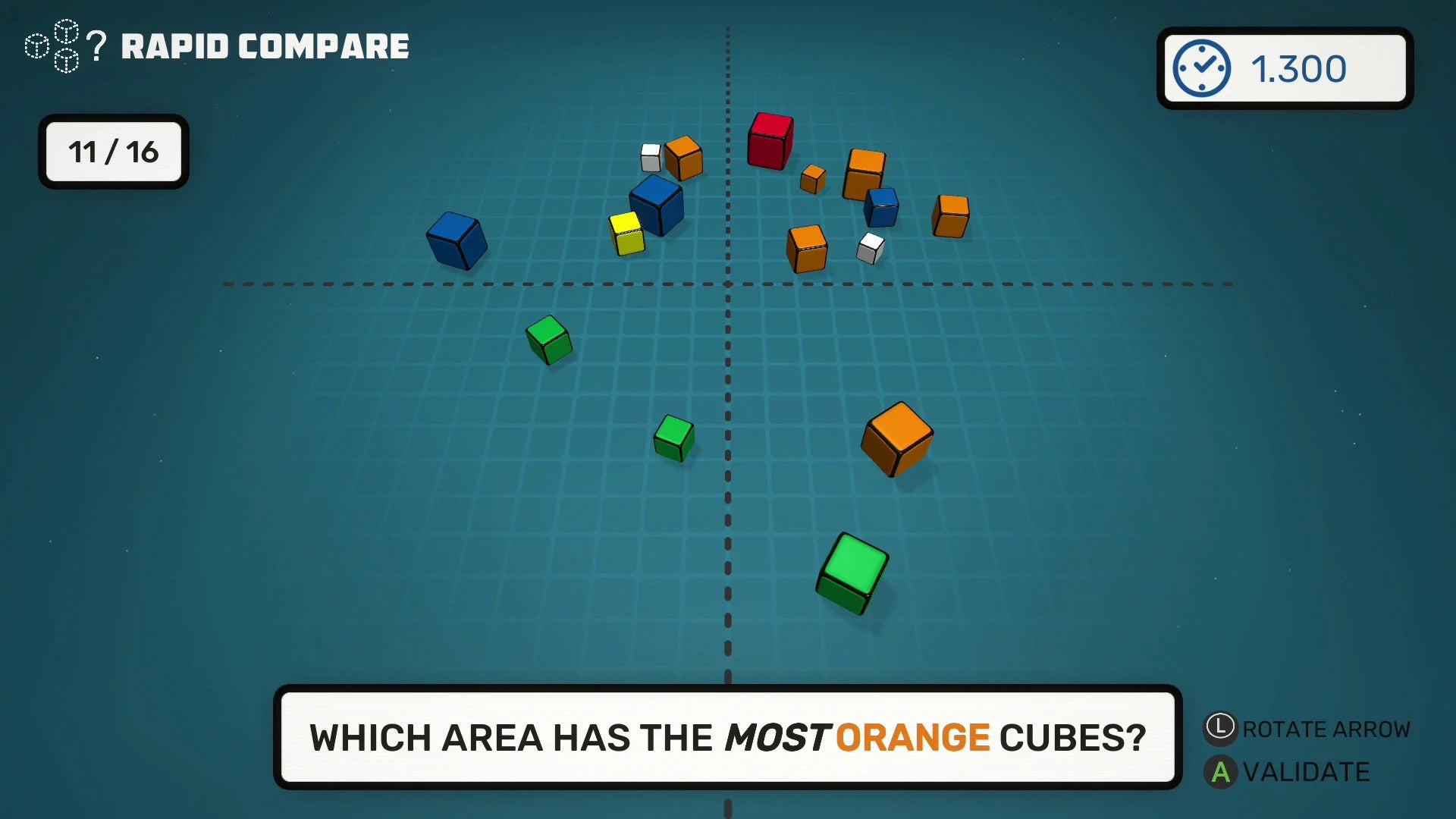 Game interface showing colored cubes on a grid with a question about orange cubes.
