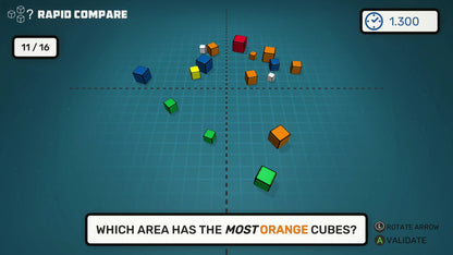 Game interface showing colored cubes on a grid with a question about orange cubes.