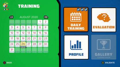 Training interface with calendar, training icons, and navigation buttons on a green and blue background.