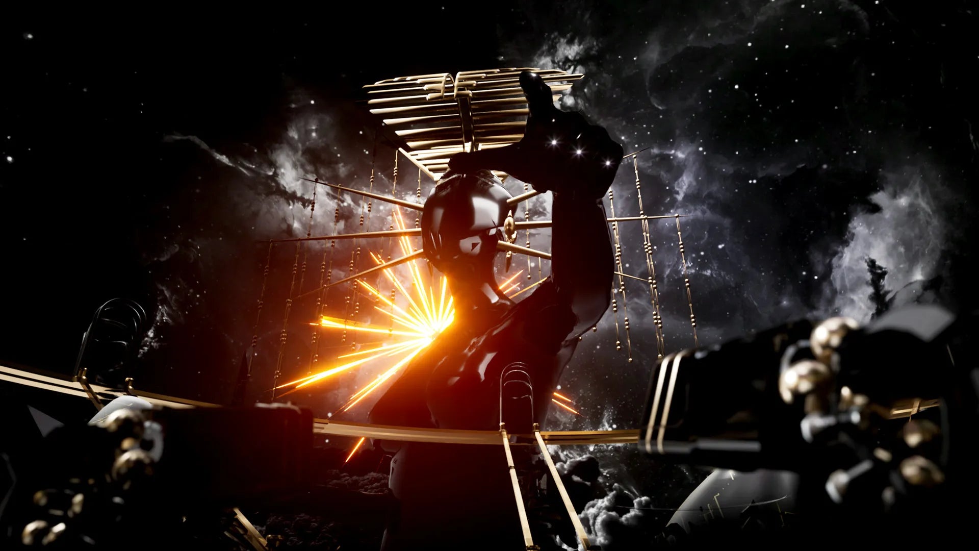 Person welding in a dark industrial setting with sparks flying