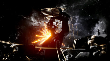 Person welding in a dark industrial setting with sparks flying