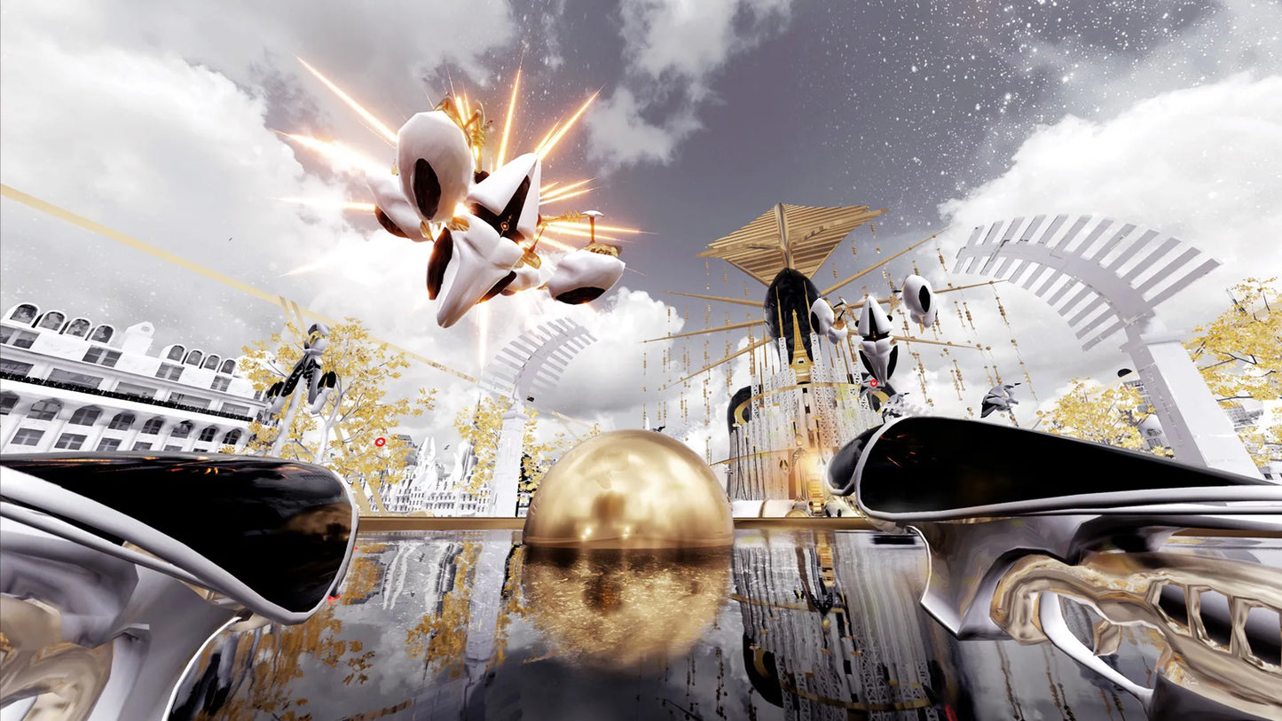 Sci-fi scene with futuristic architecture, alien-like creature, and golden sphere.
