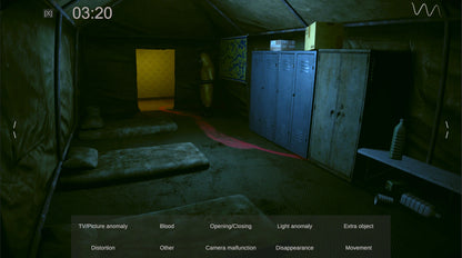 Game room with lockers, mats, and a map on the wall, with a timer and game interface overlay.