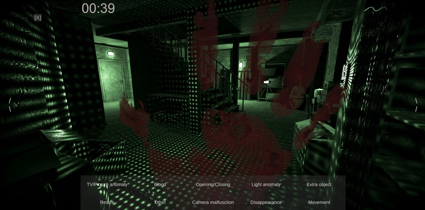 Gameplay screen with a first-person perspective in a dark, industrial environment.