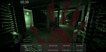 Gameplay screen with a first-person perspective in a dark, industrial environment.